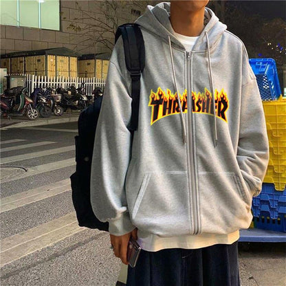 ESC BUTİK Thrasher Baskılı Oversize Fermuarlı Gri Unisex Kapüşonlu Hırka