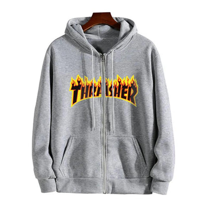 ESC BUTİK Thrasher Baskılı Oversize Fermuarlı Gri Unisex Kapüşonlu Hırka