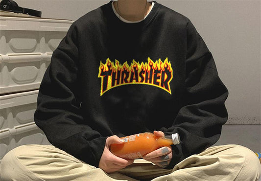 ESC BUTİK Thrasher Baskılı Siyah Unisex Oversize Bisiklet Yaka Sweatshirt