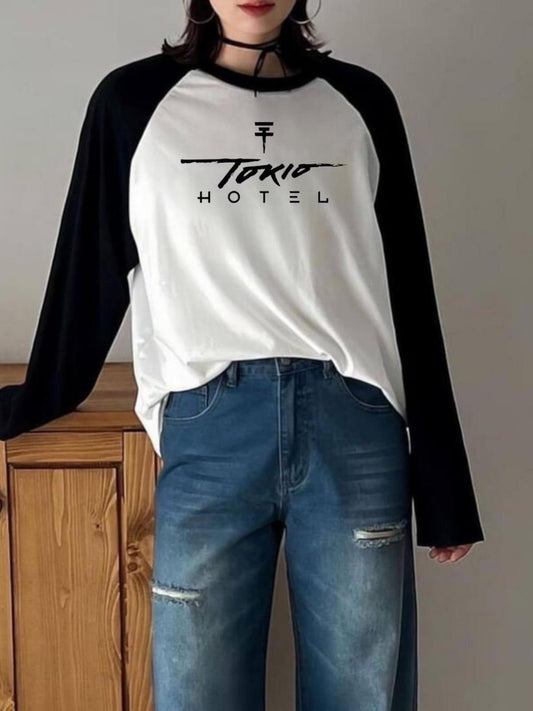 ESC BUTİK Tokio Hotel Reglan Uzun Kollu Baskılı Beyaz T-Shirt