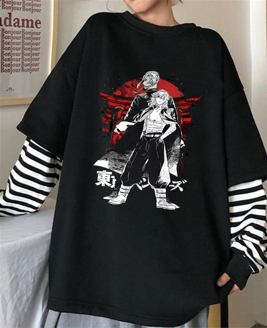 ESC BUTİK Tokyo Revengers - Mikey Baskılı Fake Sleeves Unisex Siyah T-shirt