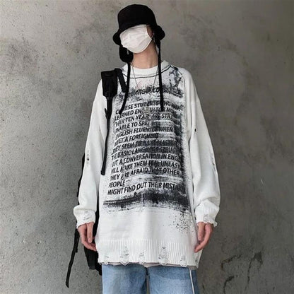 ESC BUTİK Touz Vintage Harajuku Graffiti Desenli Unisex Oversize Ecru Kazak