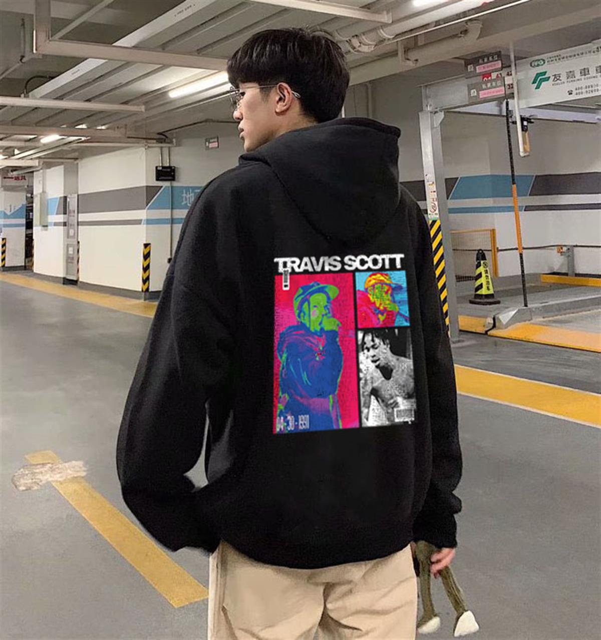 ESC BUTİK Travis Scott Baskılı Siyah Unisex Oversize Kapüşonlu Sweatshirt