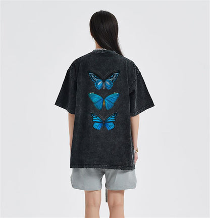 ESC BUTİK Triple Blue Butterfly Sırt Baskılı Unisex Eskitme T-shirt