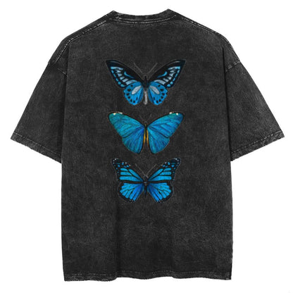 ESC BUTİK Triple Blue Butterfly Sırt Baskılı Unisex Eskitme T-shirt