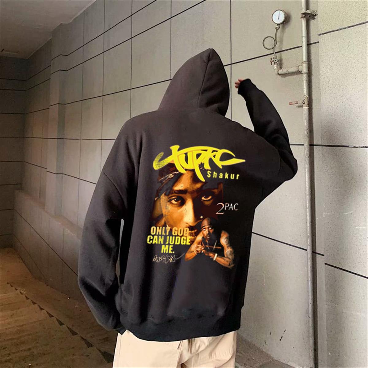 ESC BUTİK Tupac Shakur Baskılı Siyah Unisex Oversize Kapüşonlu Sweatshirt