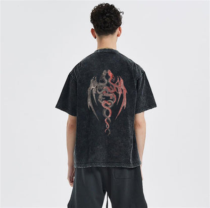 ESC BUTİK Twin Dragon Sırt Baskılı Unisex Eskitme T-shirt