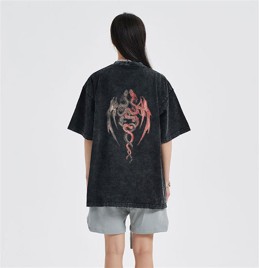 ESC BUTİK Twin Dragon Sırt Baskılı Unisex Eskitme T-shirt