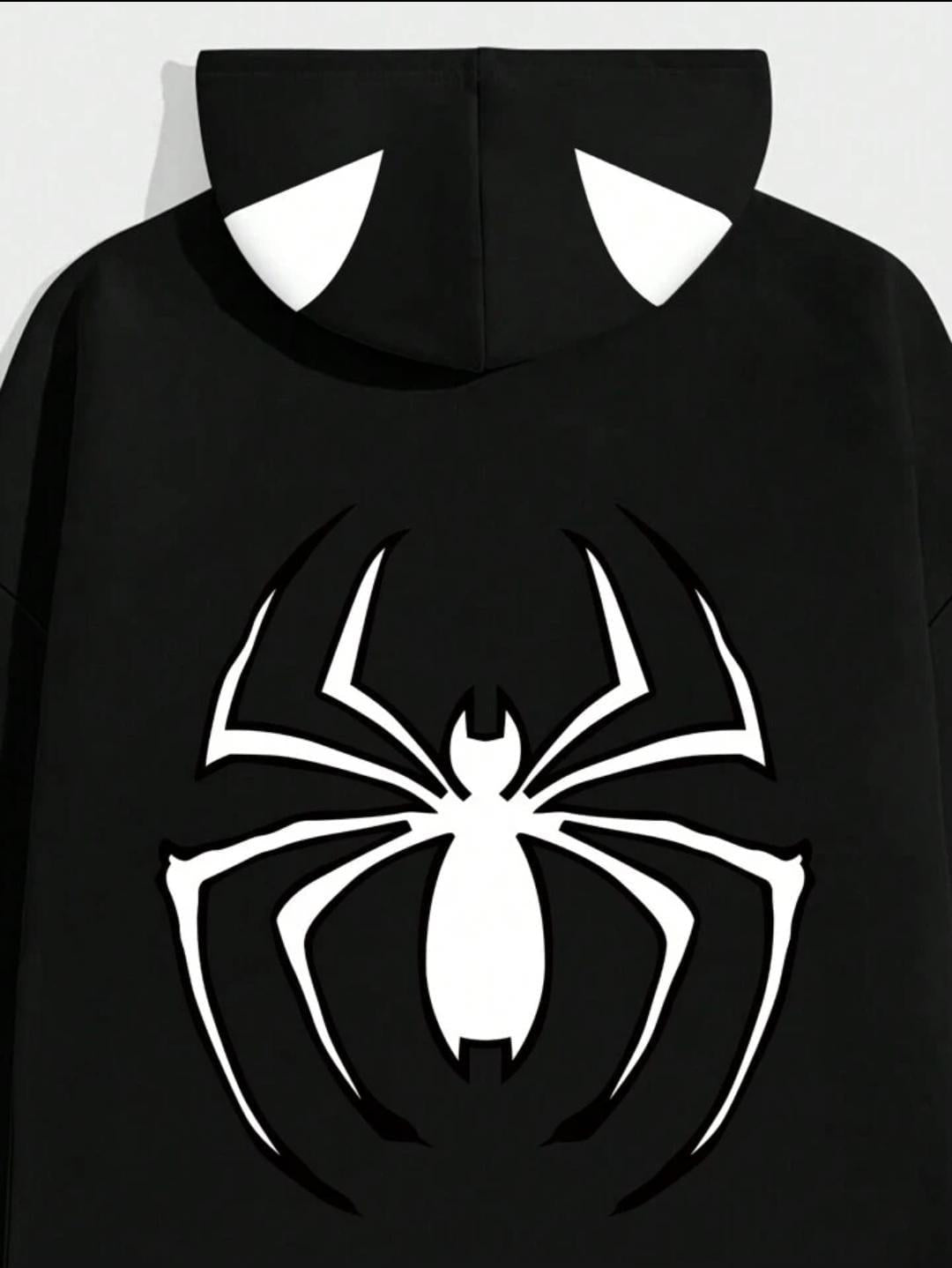 ESC BUTİK Unisex Spider Baskılı Kapşonlu Siyah Sweatshirt