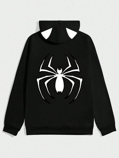 ESC BUTİK Unisex Spider Baskılı Kapşonlu Siyah Sweatshirt