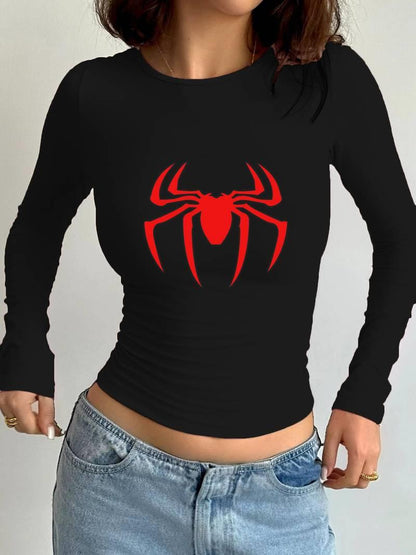 ESC BUTİK Uzun Kol Spider Baskılı Siyah Bluz Body