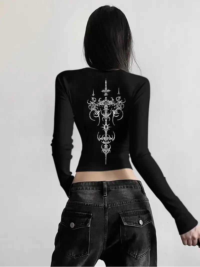 ESC BUTİK Uzun Kollu Sırt Baskı Gothic Bluz Crop