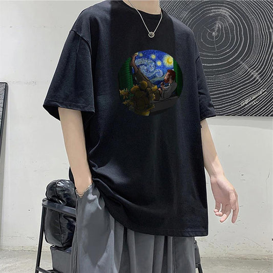 ESC BUTİK Van Gogh Siyah Unisex Oversize T-shirt