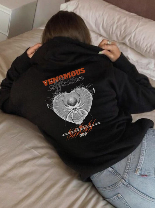 ESC BUTİK Venomous Baskılı Siyah Kapşonlu Sweatshirt