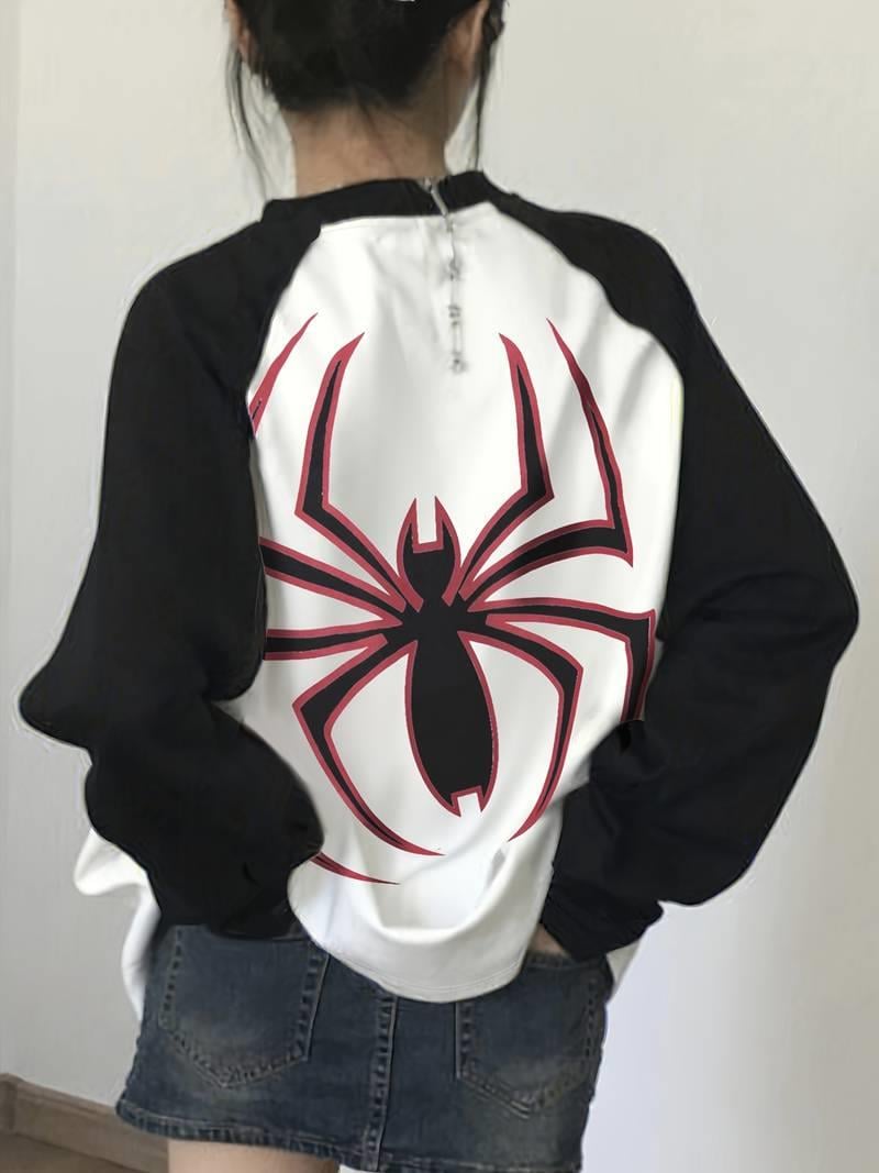 ESC BUTİK Vintage Reglan Uzun Kollu Spider Baskılı Beyaz T-Shirt