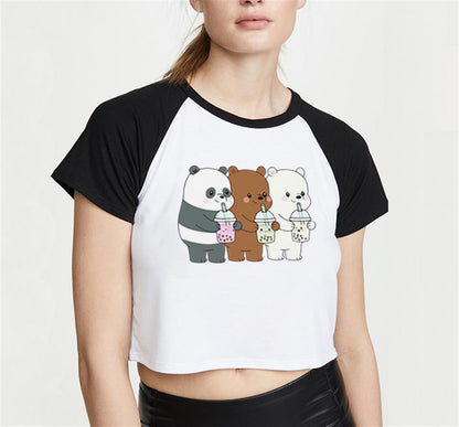 ESC BUTİK We Bare Bears Baskılı Reglan Kol Beyaz Crop