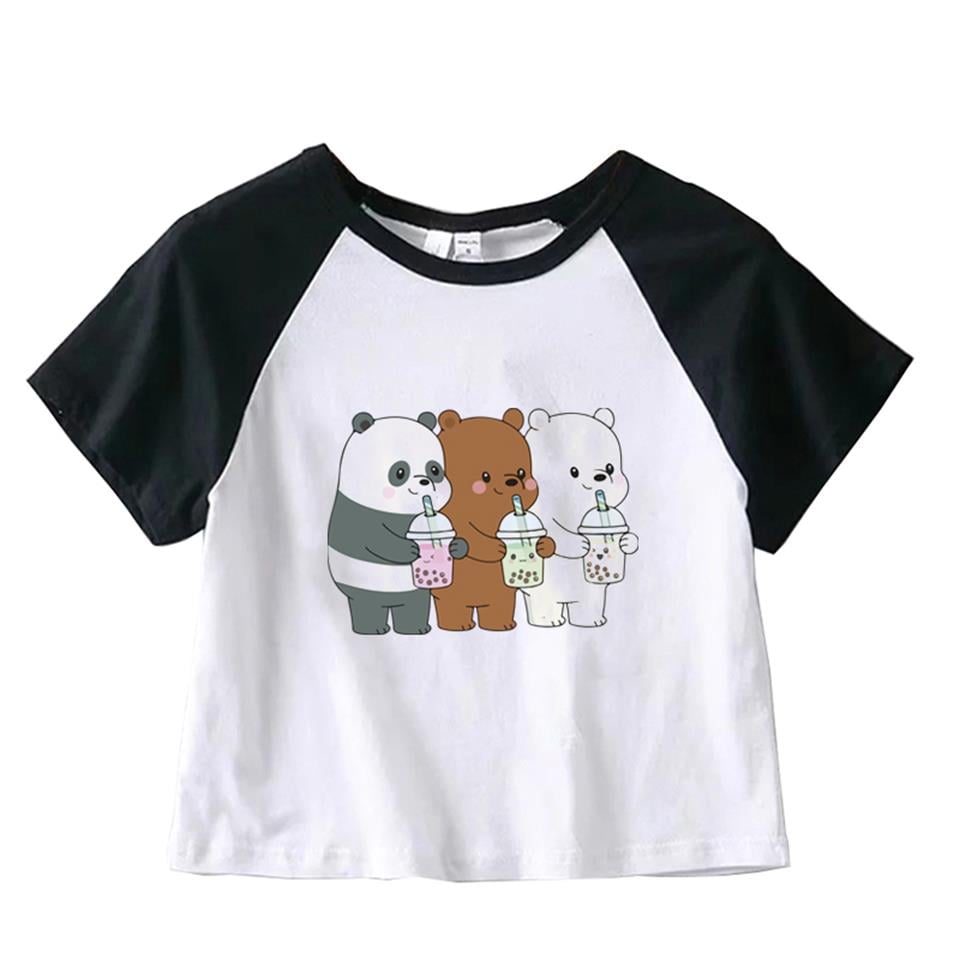 ESC BUTİK We Bare Bears Baskılı Reglan Kol Beyaz Crop