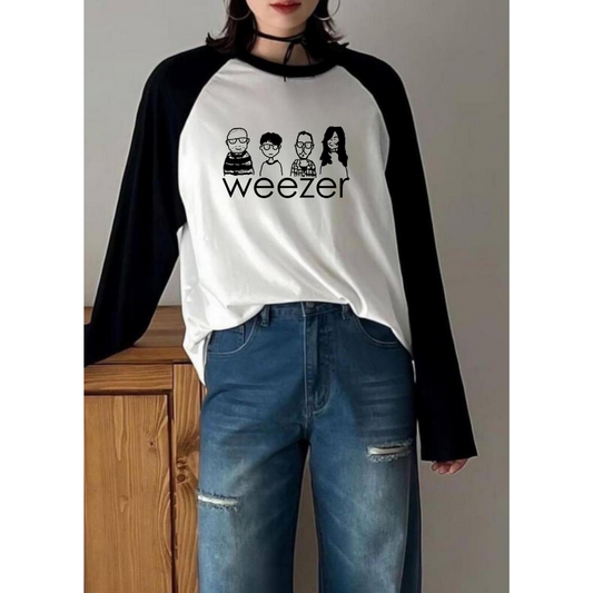 ESC BUTİK Weezer Reglan Uzun Kollu Baskılı Beyaz T-Shirt