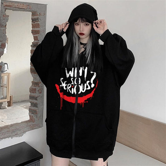 ESC BUTİK Why So Serious Baskılı Oversize Fermuarlı Siyah Unisex Kapüşonlu Hırka