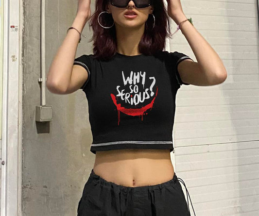 ESC BUTİK Why So Serious Baskılı Ters Dikiş Siyah Crop