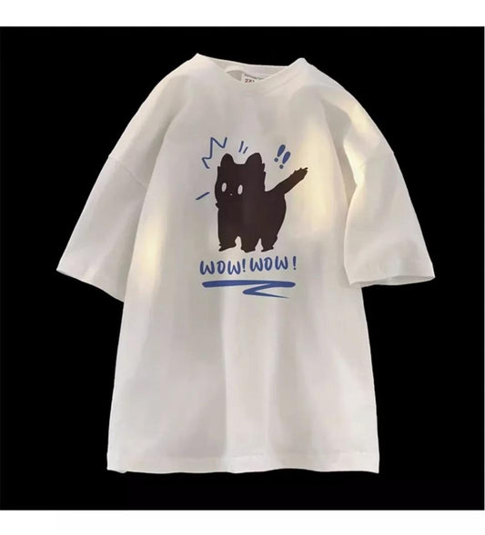 ESC BUTİK Wow Cat Baskılı Beyaz Unisex Oversize T-shirt