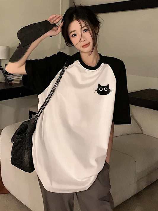 ESC BUTİK Y2k Cute Cat Beyaz Reglan Kol Oversize T-shirt