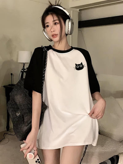 ESC BUTİK Y2k Cute Cat Beyaz Reglan Kol Oversize T-shirt