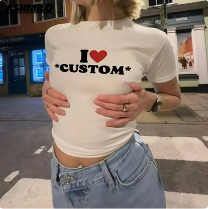 ESC BUTİK Kemer Boy Y2k I Love Custom Baskılı Beyaz Crop