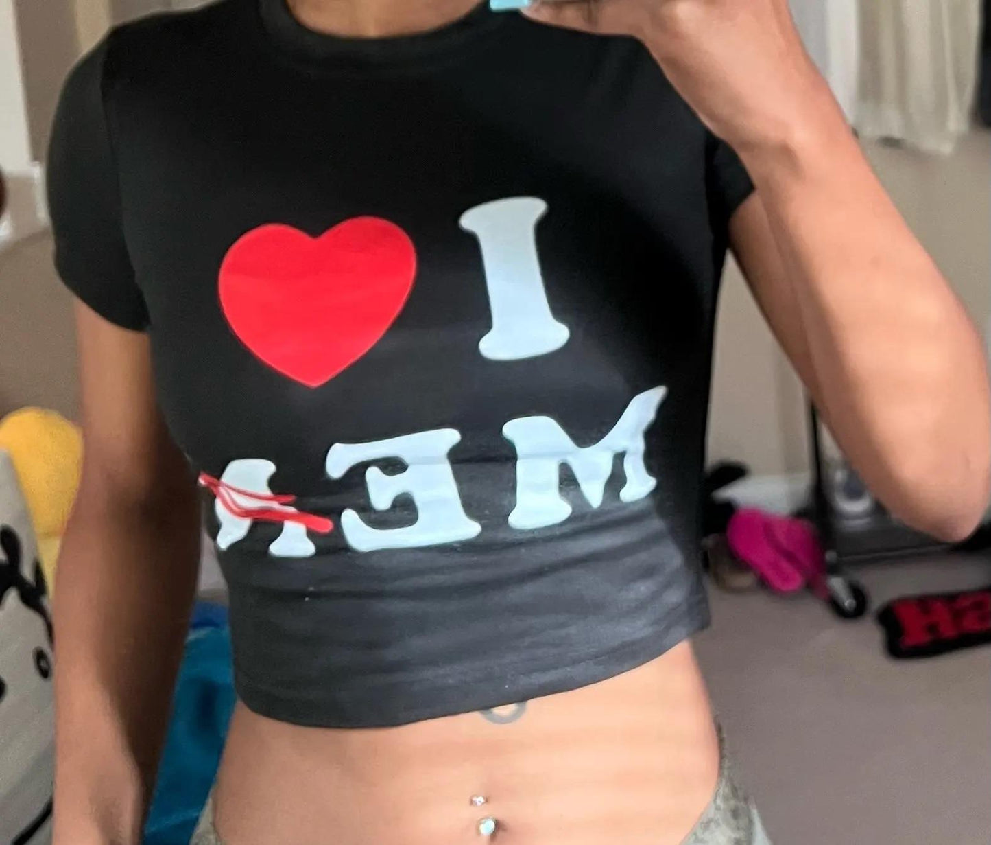 ESC BUTİK Y2k I Love Me Baskılı Siyah Crop