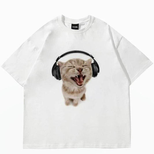 ESC BUTİK Y2k Kulaklıkla Müzik Dinleyen Kedi Baskılı Beyaz Unisex Oversize T-shirt