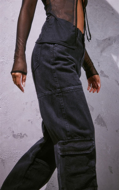 ESC BUTİK Y2K RECYCLED BLACK CARGO POCKET WIDE LEG JEAN