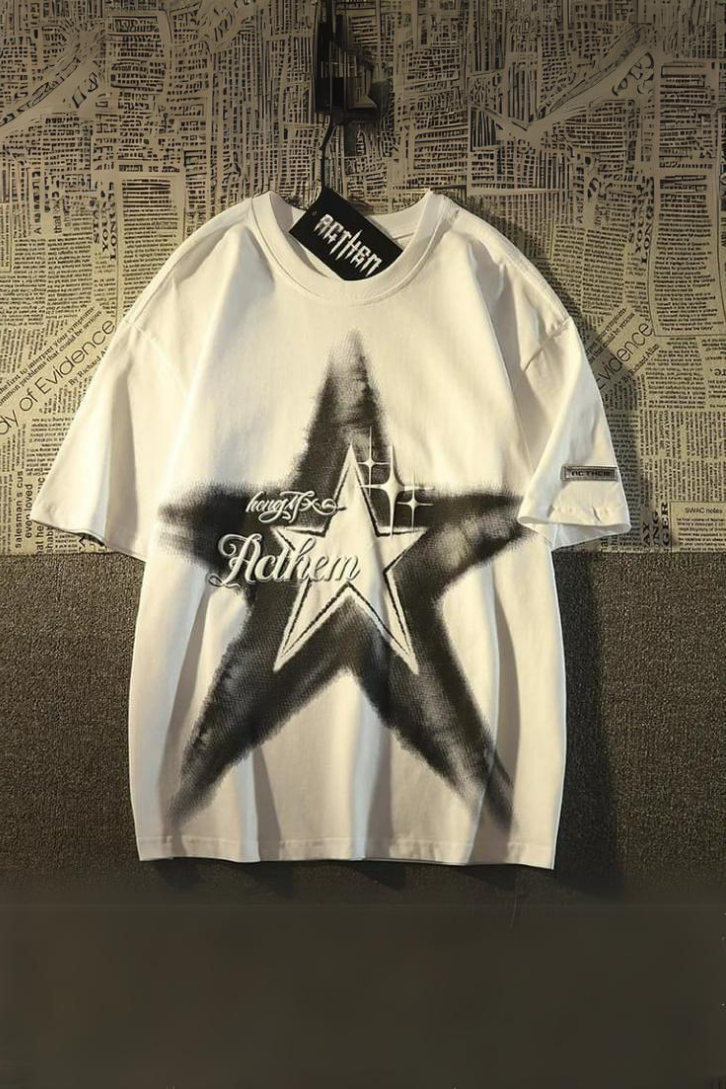 ESC BUTİK Y2k Star Baskılı Beyaz Unisex Oversize T-shirt