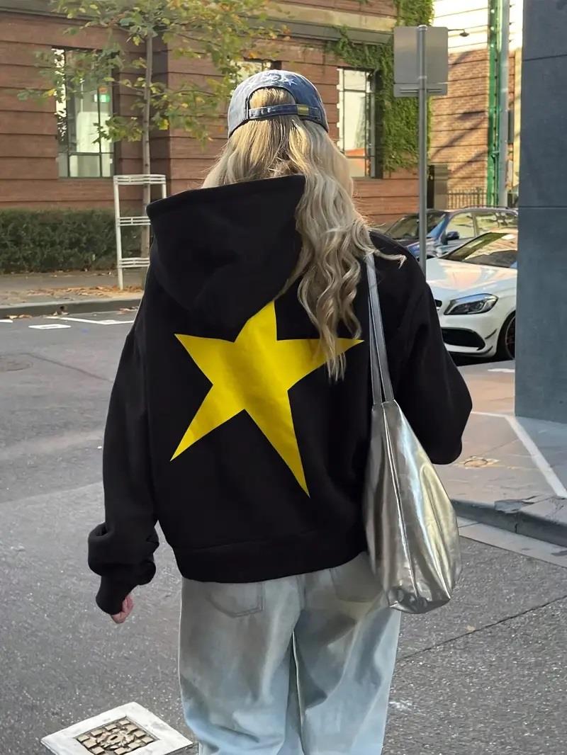 ESC BUTİK Y2k Star Baskılı Siyah Kapşonlu Sweatshirt