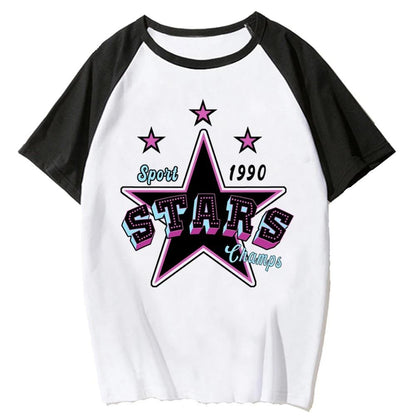 ESC BUTİK Y2k Star Beyaz Reglan Kol Oversize T-shirt