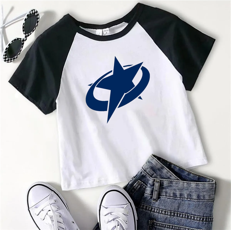 ESC BUTİK Y2k Stars Baskılı Reglan Kol Beyaz Crop