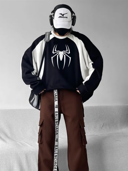 ESC BUTİK Y2K Streetwear Spider Baskılı Siyah Unisex Oversize Bisiklet Yaka Sweatshirt