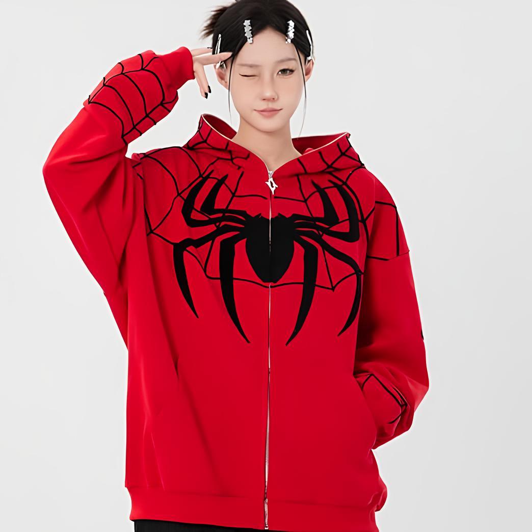 ESC BUTİK Y2k Streetwear Spider Web Oversize Fermuarlı Kırmızı Unisex Kapüşonlu Hırka