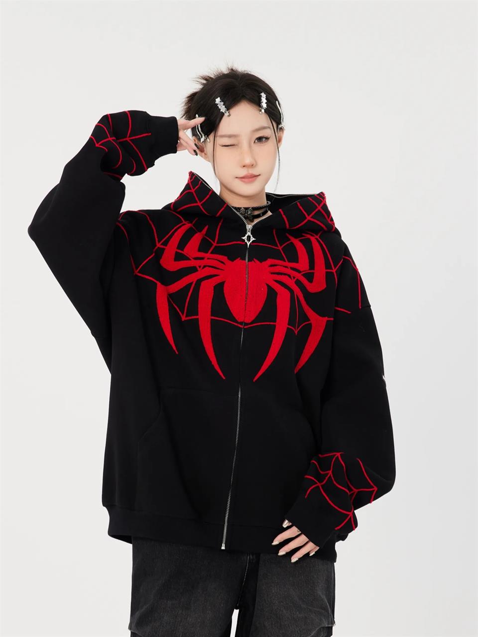 ESC BUTİK Y2k Streetwear Spider Web Oversize Fermuarlı Siyah Unisex Kapüşonlu Hırka