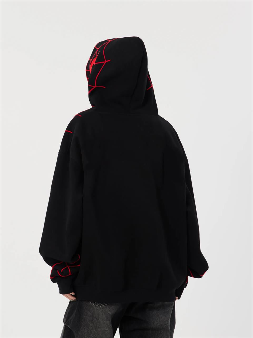 ESC BUTİK Y2k Streetwear Spider Web Oversize Fermuarlı Siyah Unisex Kapüşonlu Hırka