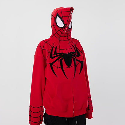 ESC BUTİK Y2k Streetwear Spider Web Oversize Fermuarlı Kırmızı Unisex Kapüşonlu Hırka