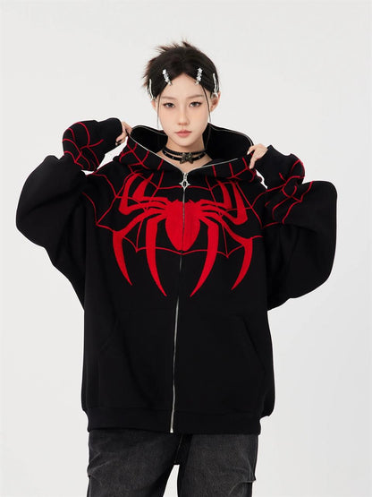 ESC BUTİK Y2k Streetwear Spider Web Oversize Fermuarlı Siyah Unisex Kapüşonlu Hırka