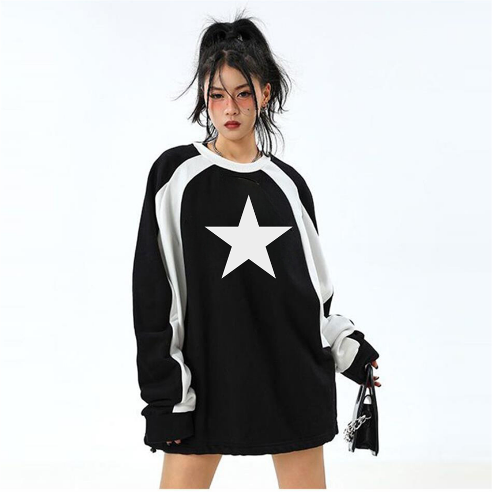 ESC BUTİK Y2K Streetwear Star Baskılı Siyah Unisex Oversize Bisiklet Yaka Sweatshirt