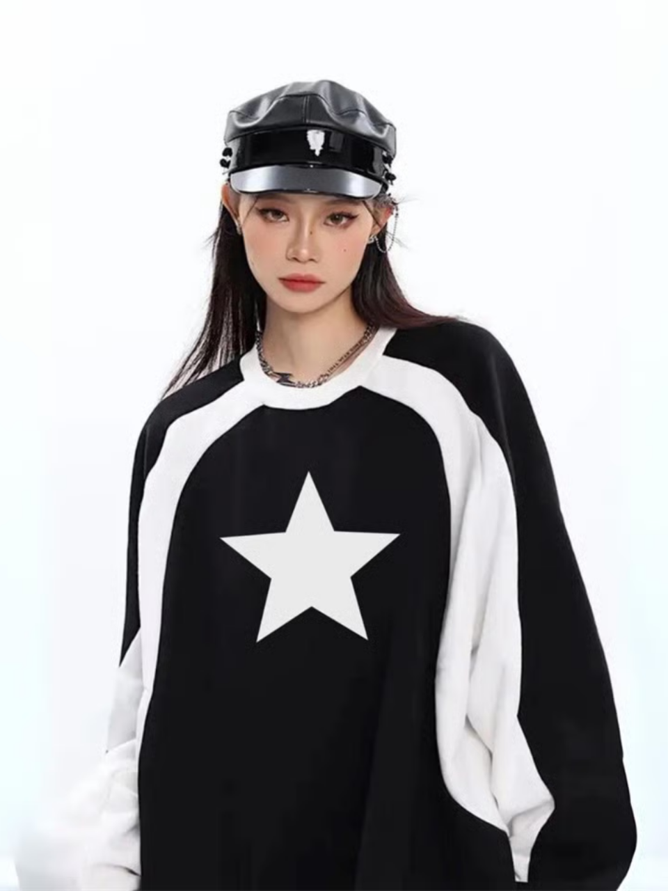 ESC BUTİK Y2K Streetwear Star Baskılı Siyah Unisex Oversize Bisiklet Yaka Sweatshirt