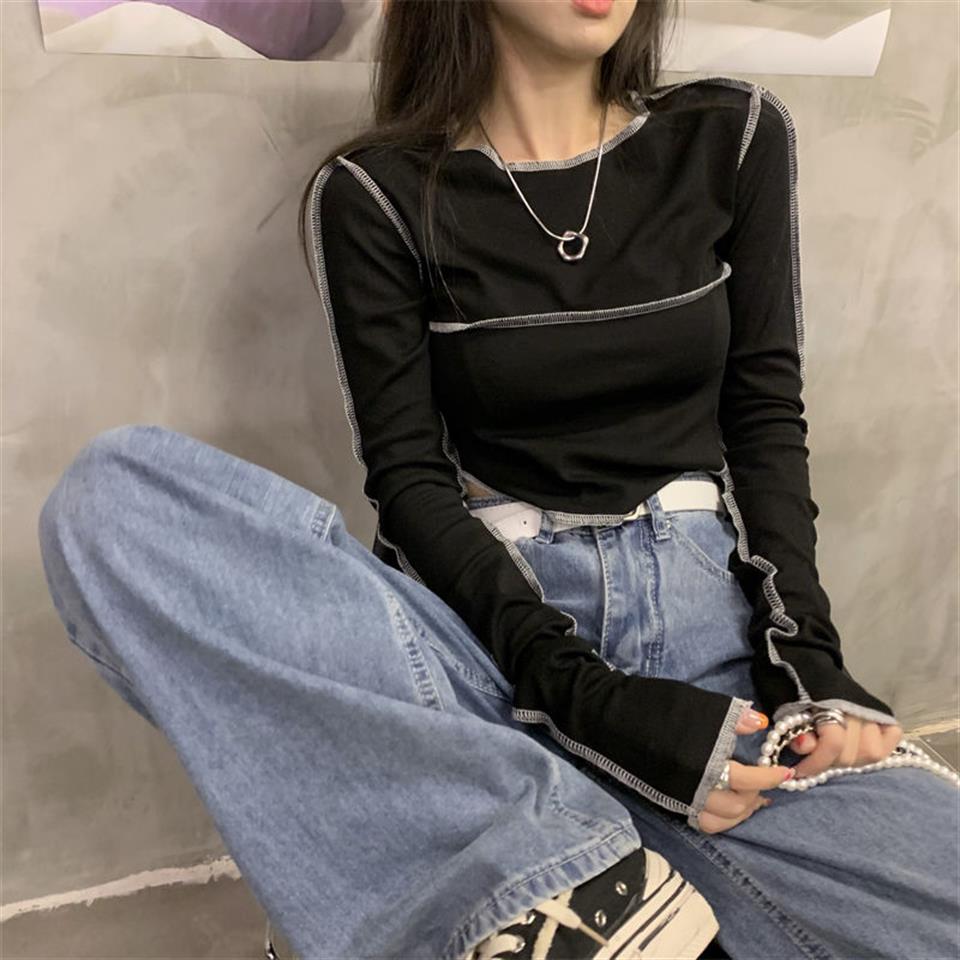 ESC BUTİK Y2K Streetwear Ters Dikiş Detaylı Uzun Kollu Siyah Crop