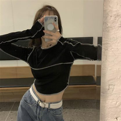 ESC BUTİK Y2K Streetwear Ters Dikiş Detaylı Uzun Kollu Siyah Crop