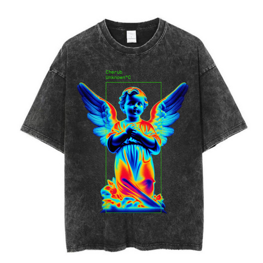 ESC BUTİK Yıkamalı Angel Baskılı Unisex Oversize Vintage T-shirt