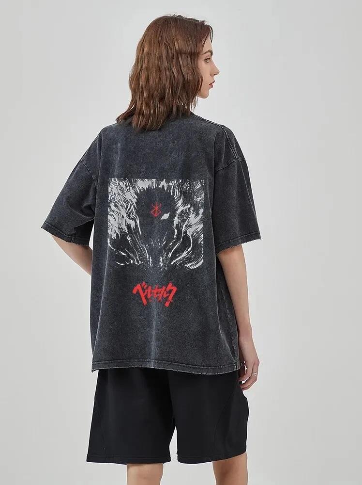 ESC BUTİK Yıkamalı Anime Berserk Baskılı Unisex Oversize Vintage T-shirt