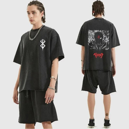 ESC BUTİK Yıkamalı Anime Berserk Baskılı Unisex Oversize Vintage T-shirt