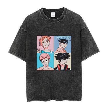 ESC BUTİK  Yıkamalı Anime Jujutsu Kaisen Baskılı Unisex Oversize Vintage T-shirt