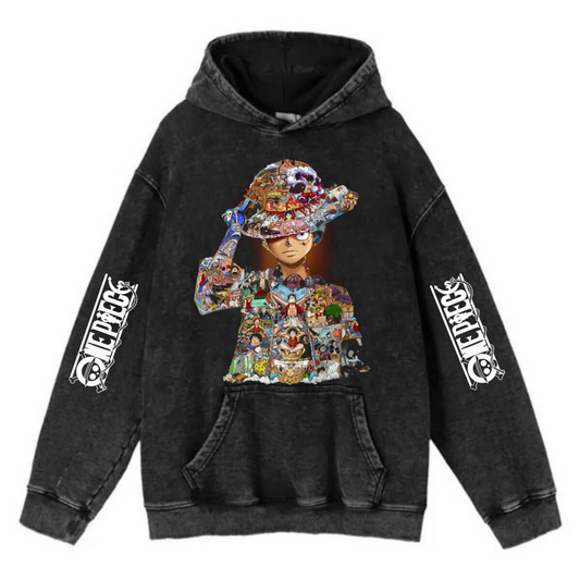 ESC BUTİK Yıkamalı Anime Luffy Kapüşonlu Sweatshirt